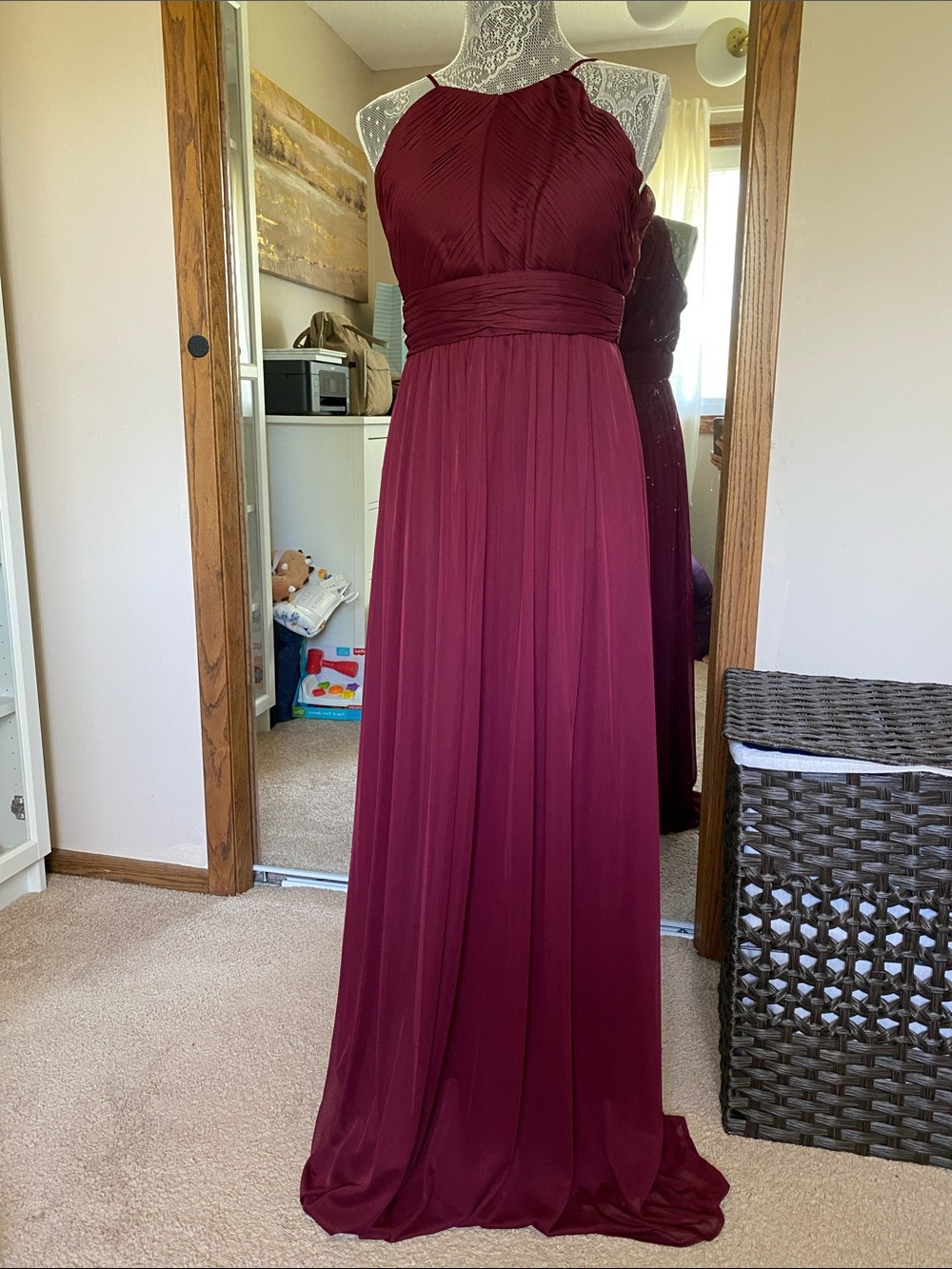MARINA Sleeveless Burgundy Halter Chiffon Maxi Dress